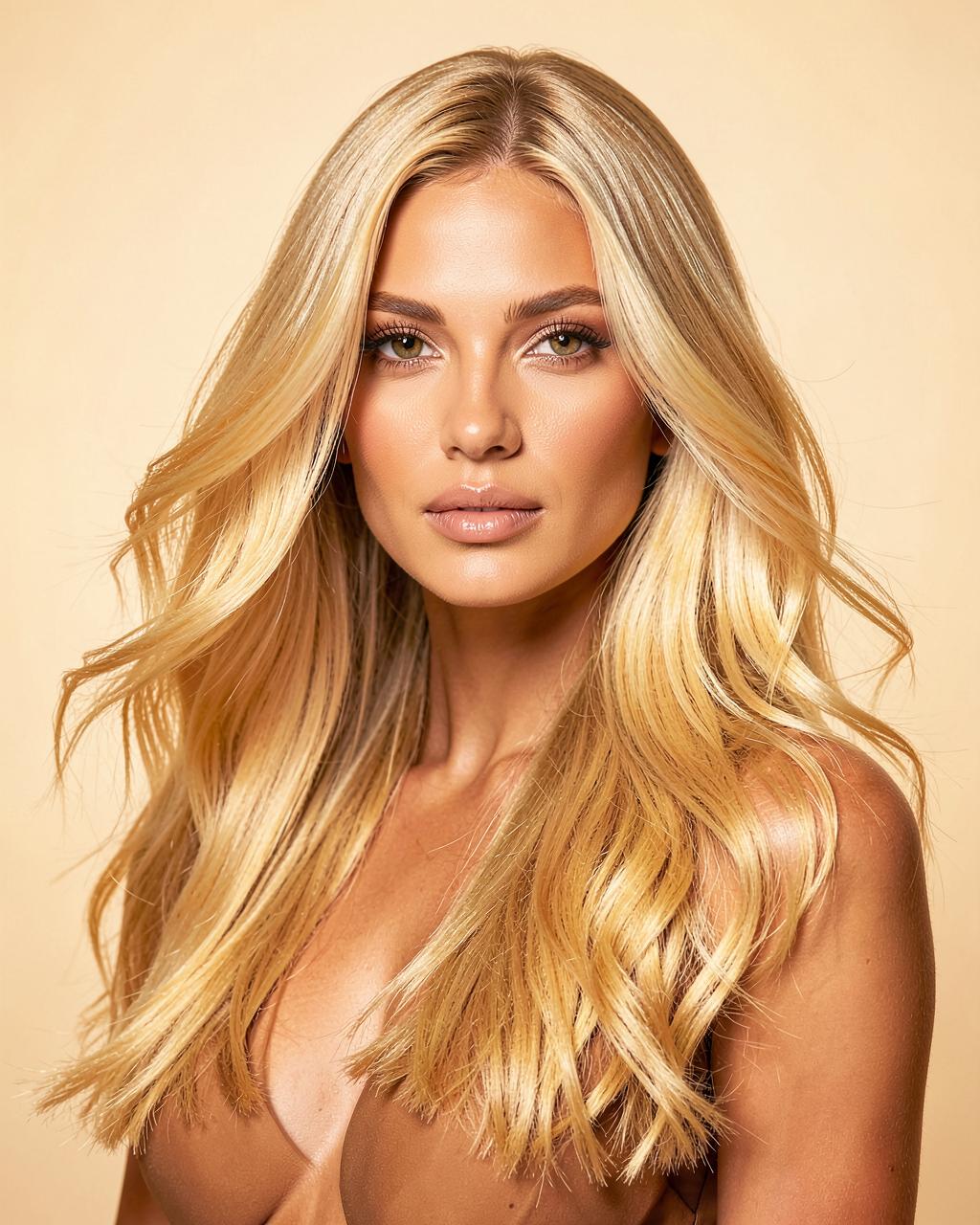 Mulher com cabelo loiro iluminado e uniforme
